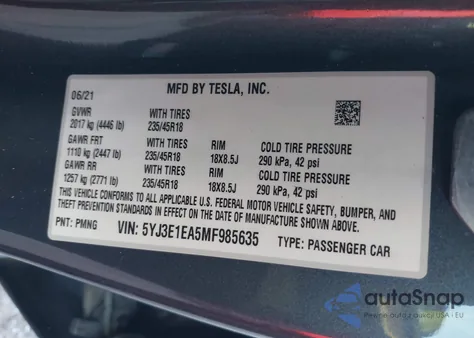 2021 Tesla Model 3 Standard Range Plus Rear-Wheel Drive из США, поврежденный, VIN 5YJ3E1EA5MF985635
